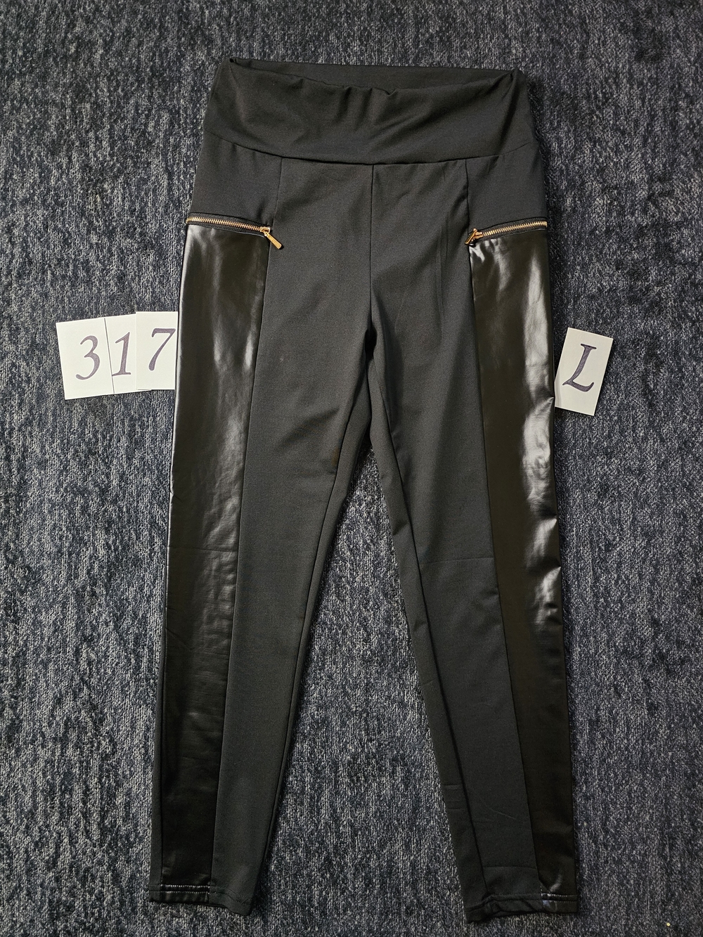 Black Faux Leather Panel Leggings with Gold Zippers